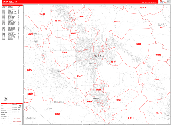 Santa Rosa City Wall Map Red Line Style